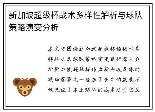 新加坡超级杯战术多样性解析与球队策略演变分析