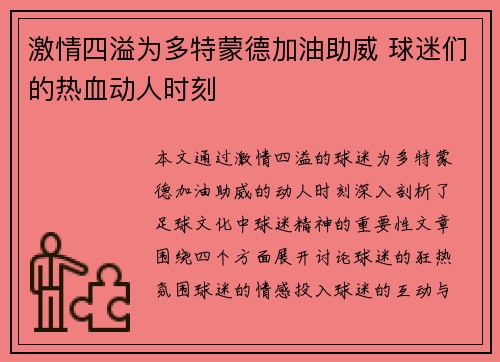激情四溢为多特蒙德加油助威 球迷们的热血动人时刻